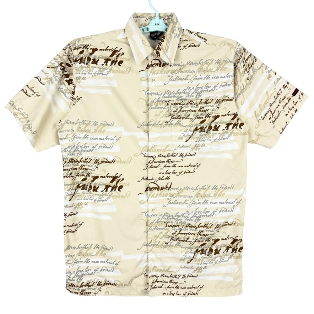 Fubu Men's Short Sleeve Button Down Script Print Tan Brown Shirt Size Large NWOT